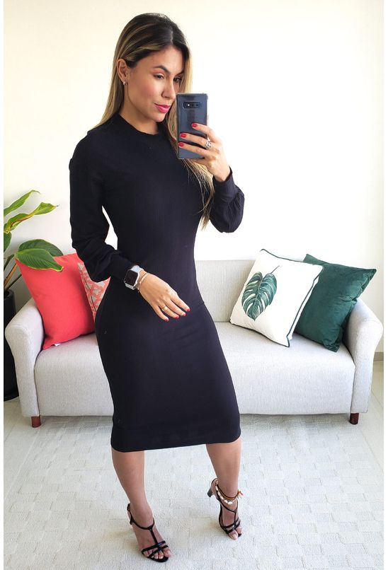 vestido midi preto botoes