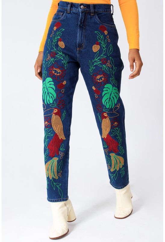 Calça jeans bordado tropical farm - Babadotop