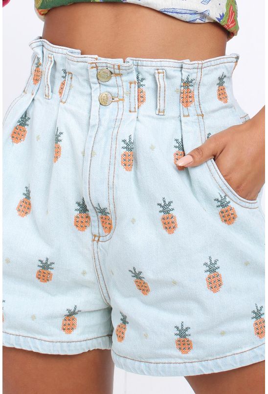 Short jeans bordado ponto de abacaxi farm - Babadotop
