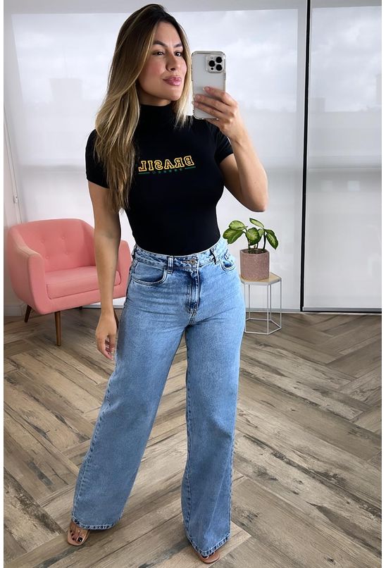 Calça Jeans Feminina Wide Leg Básica com Elastano 28000 Escura