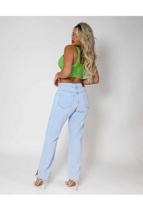 Calça Jeans Feminina Wide Loose com Abertura Lateral Na Barra