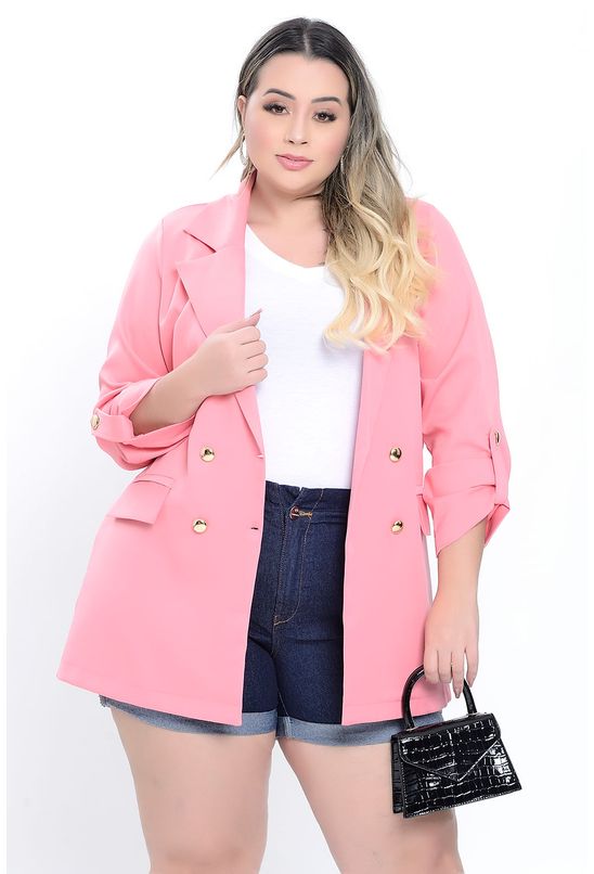 Blazer Rosa em Alfaiataria com Botões Plus Size