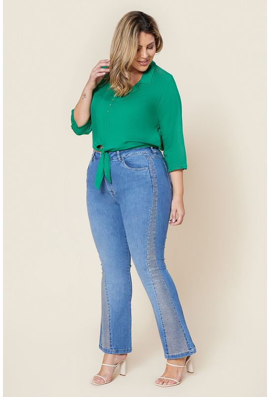 Calça Flare Jeans com Elastano e Aplicações Plus Size