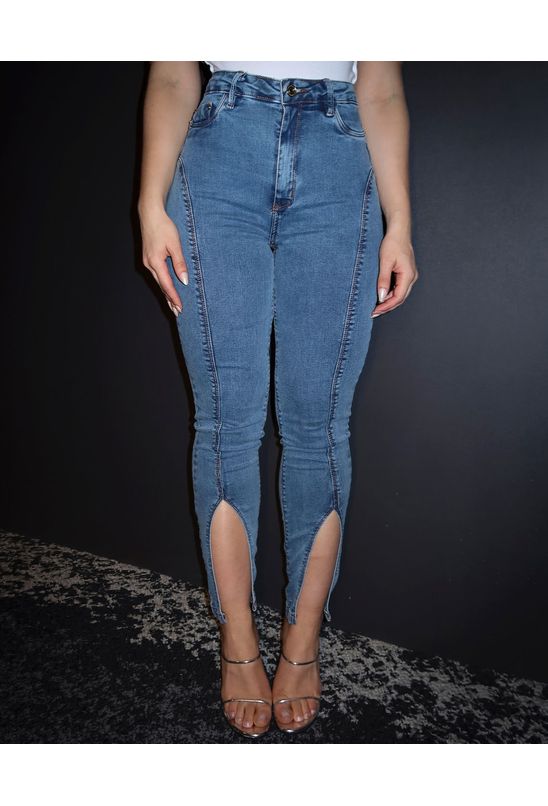 Calça Jeans Skinny Hot Feminina Cintura Alta Abertura Frontal Na