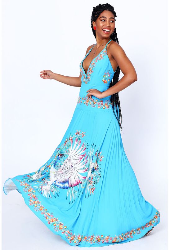 vestido longo plissado estampado