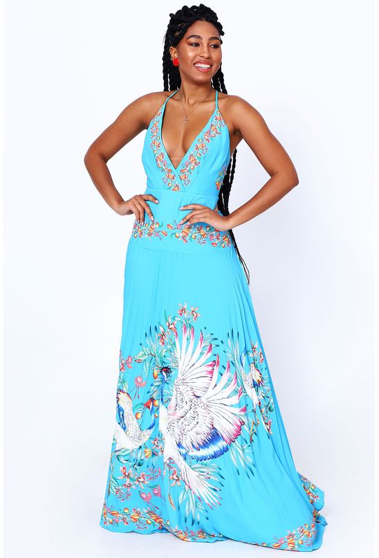 vestido longo plissado estampado