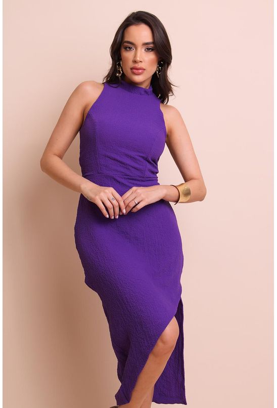 Vestido midi assimétrico fenda roxo labrava - Babadotop