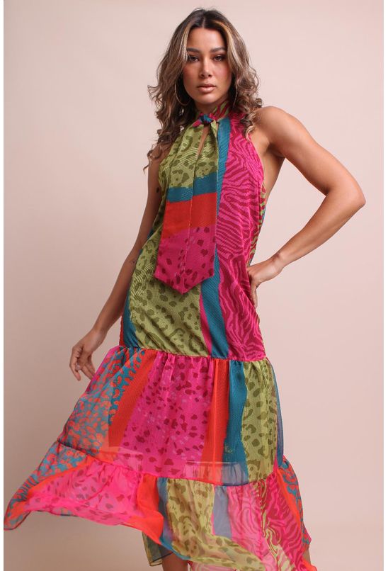 Vestido-midi-chiffon-laco-savana-neon-pequia-esquerda