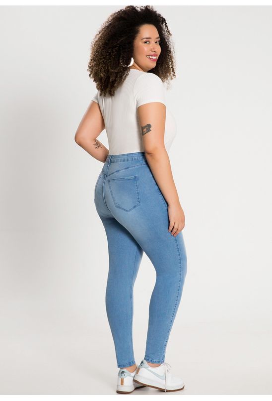 Calça Jeans Skinny Cintura Média Chapa Barriga Plus Size - Babadotop