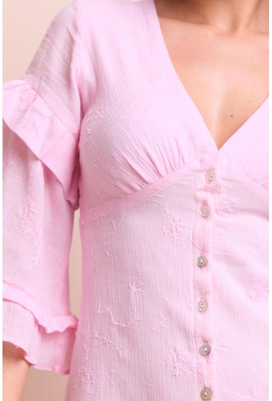 Vestido-curto-voil-babados-rosa-pequia-detalhe