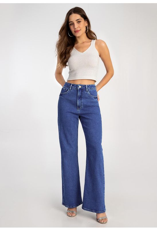 Calça Jeans Wide Leg Chapa Barriga com Elastano - Babadotop