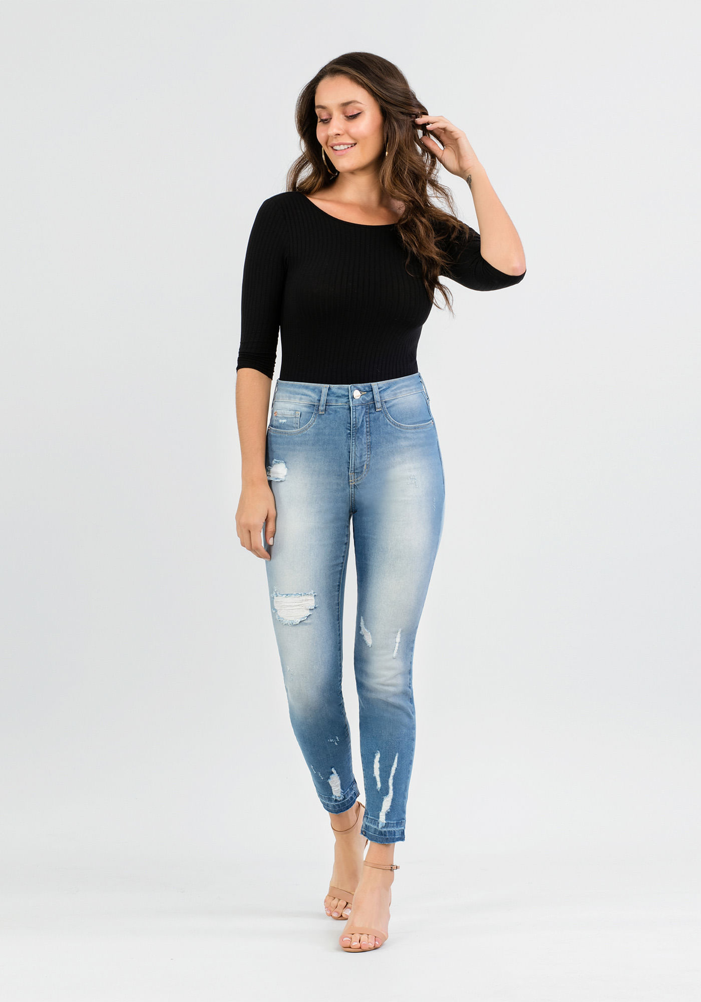 Calça Jeans Skinny Plus Size Cropped Chapa Barriga