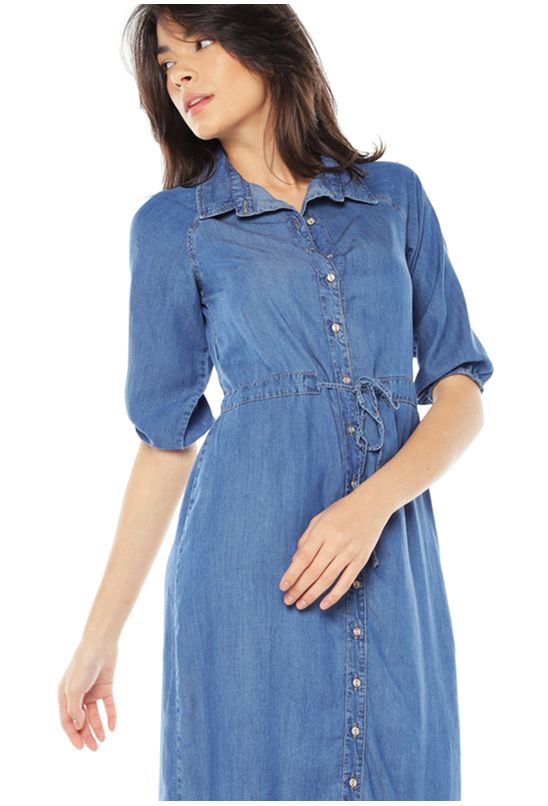 Vestido Jeans Longo Chemise com Manga Sob Azul Babadotop