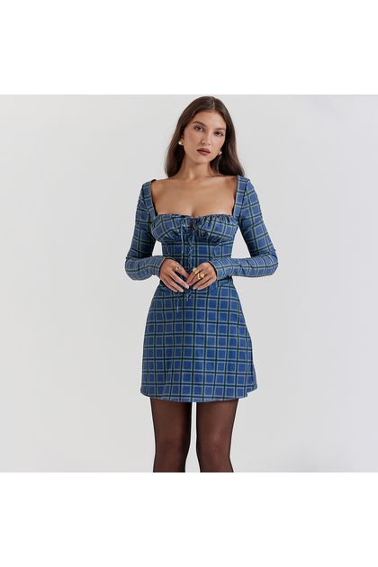 Vestido-curto-manga-longa-xadrez-azul Vestido-curto-manga-longa-xadrez-azul