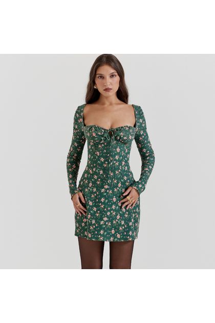 Vestido-curto-corset-manga-longa-floral-verde