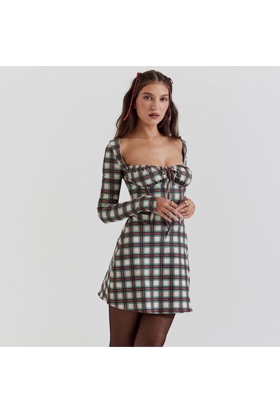 Vestido-curto-manga-longa-xadrez-vermelho