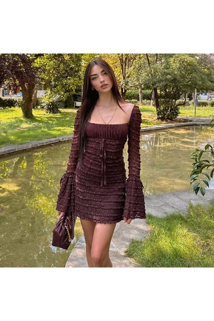 Vestido-curto-manga-sino-sanfonado-marrom Vestido-curto-manga-sino-sanfonado-marrom