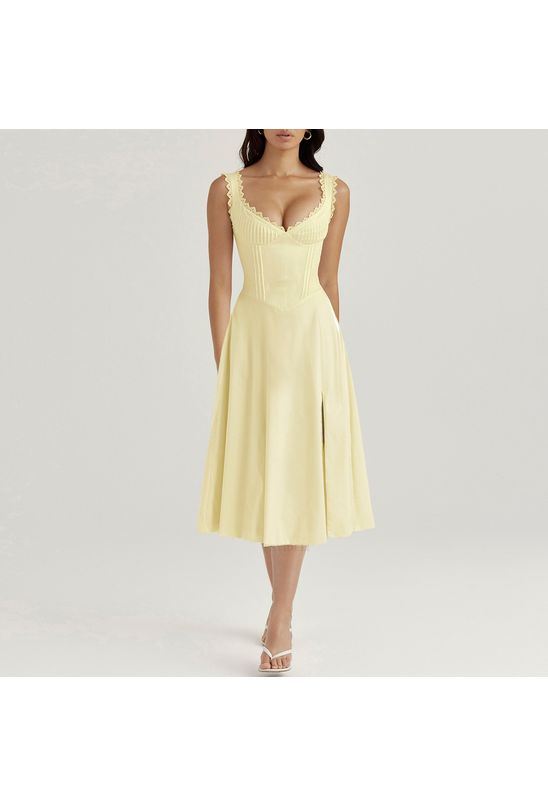 Vestido-midi-com-renda-decote-v-corset-amarelo