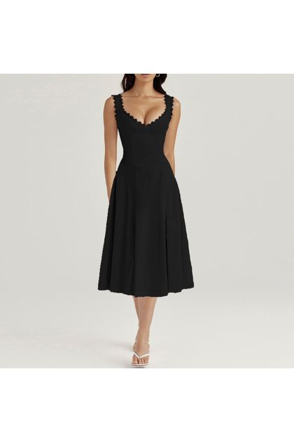 Vestido-midi-com-renda-decote-v-corset-preto Vestido-midi-com-renda-decote-v-corset-preto