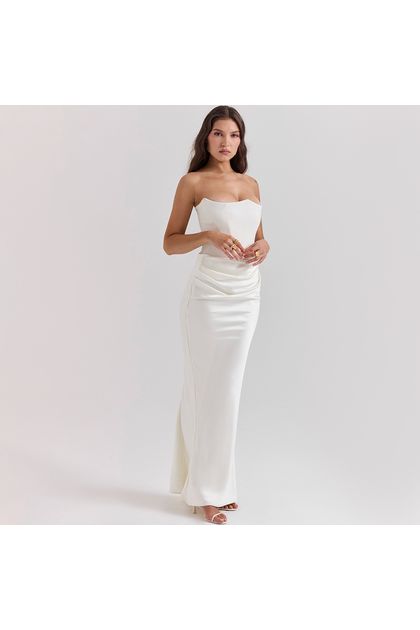 Vestido-longo-sem-alca-drapeado-branco
