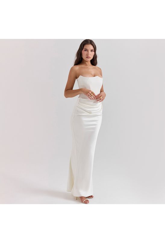 Vestido-longo-sem-alca-drapeado-branco