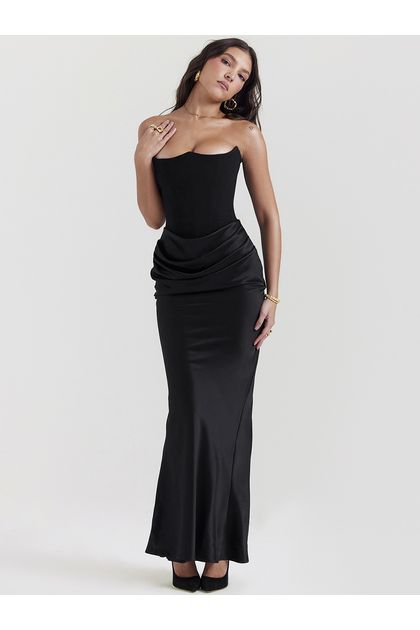 Vestido-longo-sem-alca-drapeado-preto