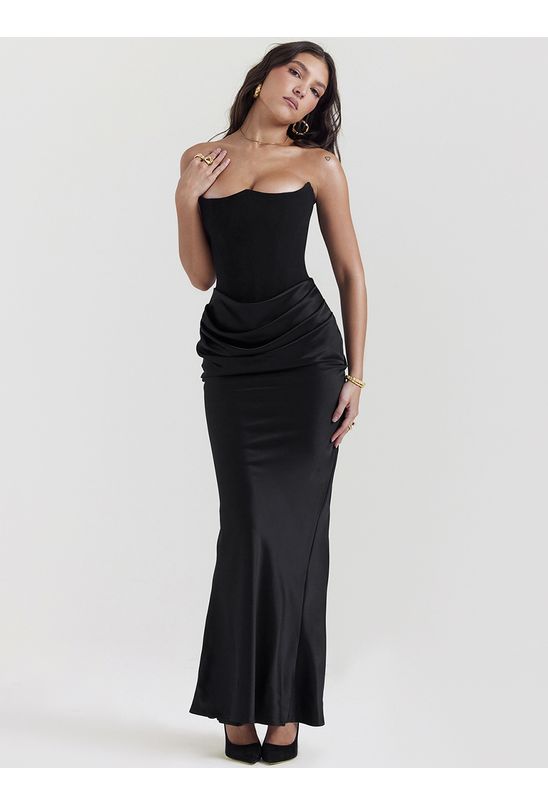 Vestido-longo-sem-alca-drapeado-preto