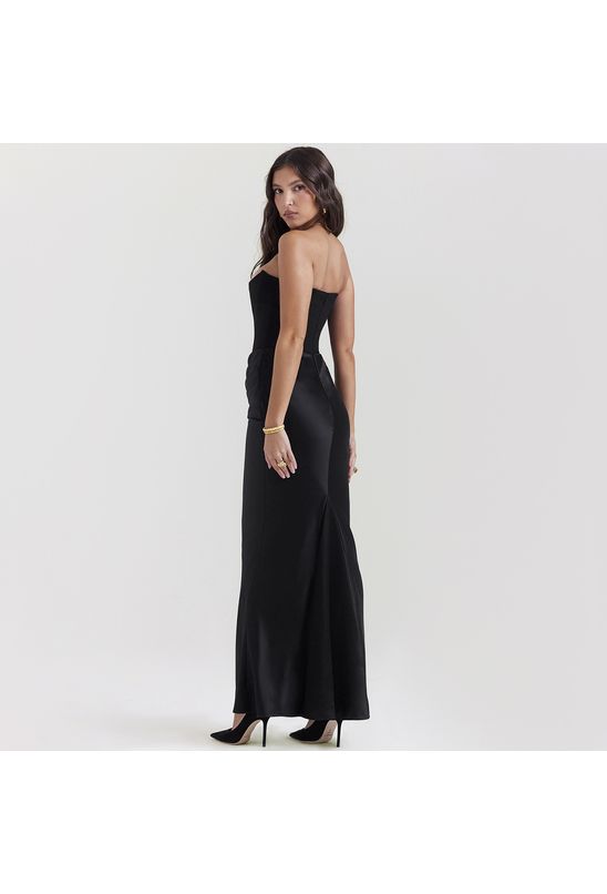 Vestido-longo-sem-alca-drapeado-preto