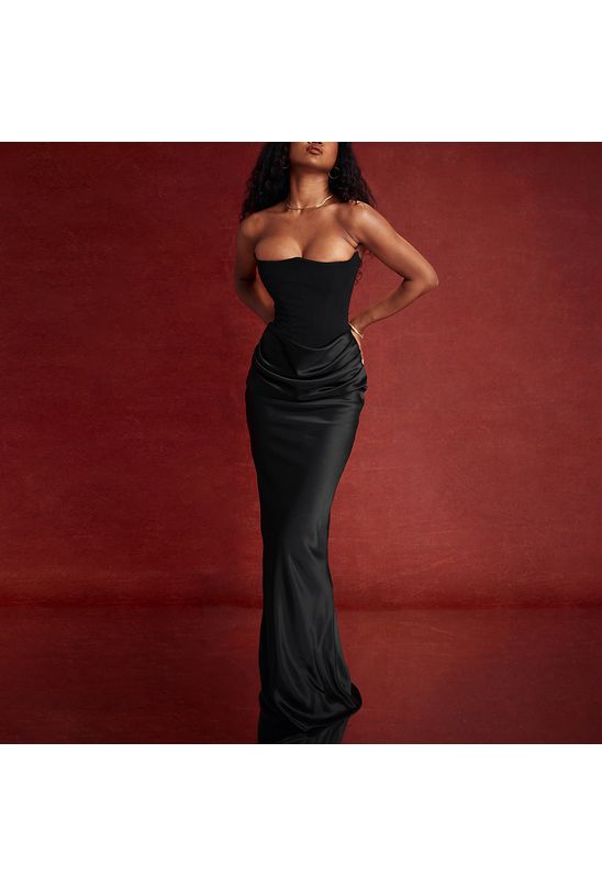 Vestido-longo-sem-alca-drapeado-preto