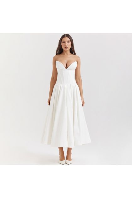 Vestido-midi-sem-alca-decote-v-acinturado-branco Vestido-midi-sem-alca-decote-v-acinturado-branco