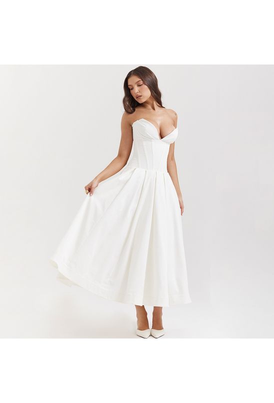 Vestido-midi-sem-alca-decote-v-acinturado-branco