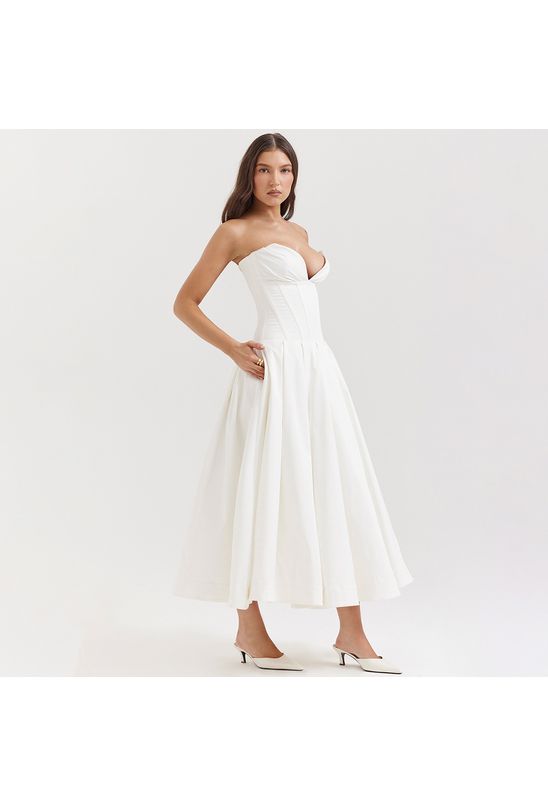 Vestido-midi-sem-alca-decote-v-acinturado-branco