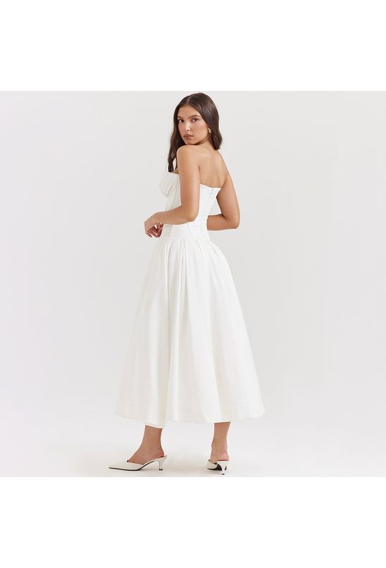 Vestido-midi-sem-alca-decote-v-acinturado-branco