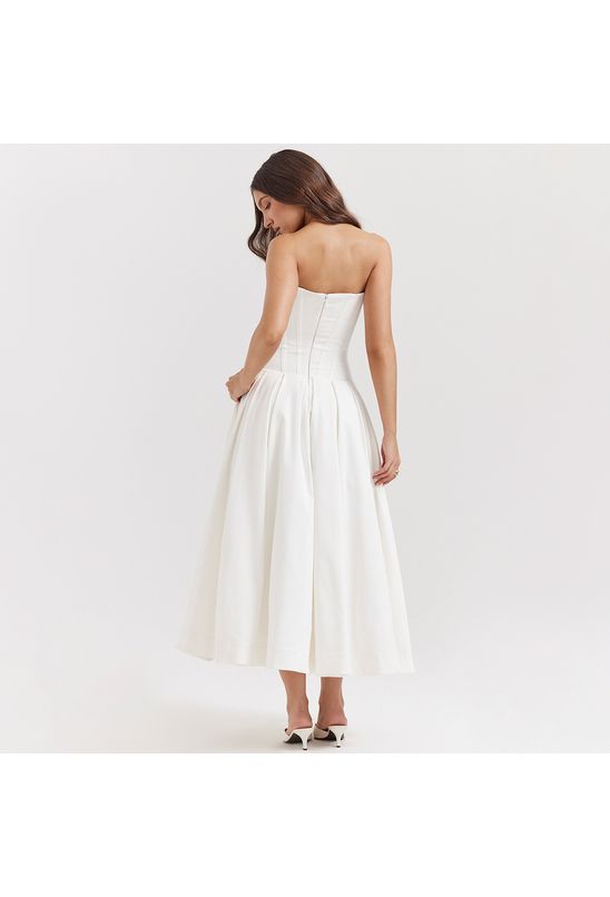 Vestido-midi-sem-alca-decote-v-acinturado-branco