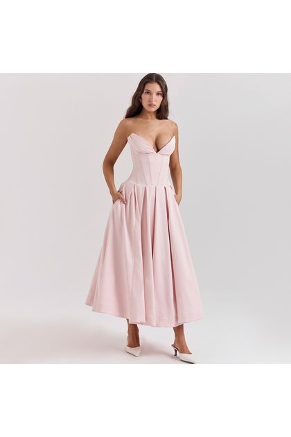 Vestido-midi-sem-alca-decote-v-acinturado-rosa Vestido-midi-sem-alca-decote-v-acinturado-rosa