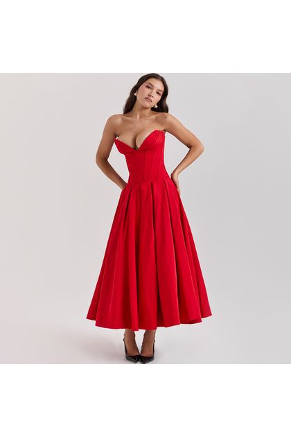 Vestido-midi-sem-alca-decote-v-acinturado-vermelho Vestido-midi-sem-alca-decote-v-acinturado-vermelho