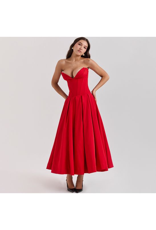 Vestido-midi-sem-alca-decote-v-acinturado-vermelho