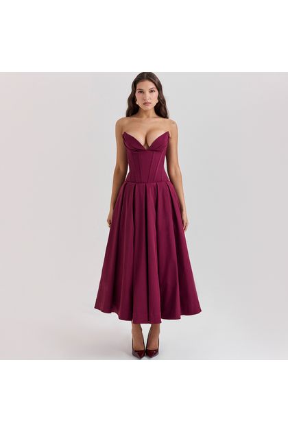 Vestido-midi-sem-alca-decote-v-acinturado-vinho Vestido-midi-sem-alca-decote-v-acinturado-vinho