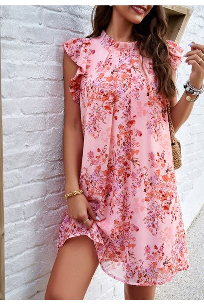 Vestido-curto-babados-manga-floral-rosa