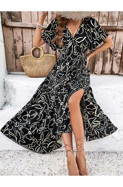 Vestido-midi-transpasse-estampado-preto