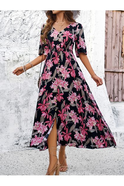 Vestido-midi-botoes-frontais-floral-preto Vestido-midi-botoes-frontais-floral-preto
