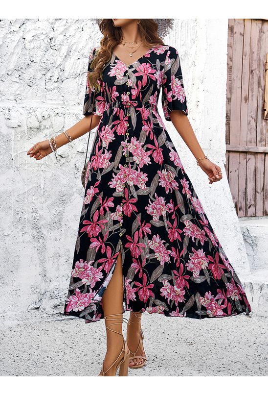 Vestido-midi-botoes-frontais-floral-preto