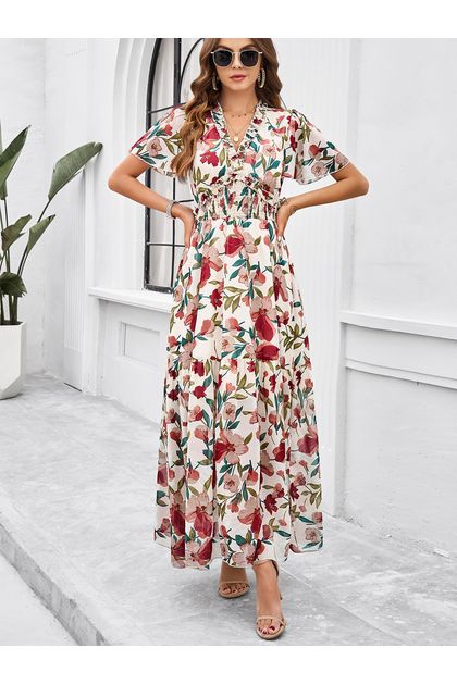 Vestido-midi-com-decote-marcado-e-cintura-lastex-floral-bege Vestido-midi-com-decote-marcado-e-cintura-lastex-floral-bege