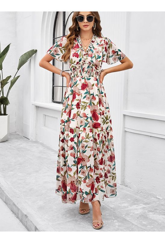 Vestido-midi-com-decote-marcado-e-cintura-lastex-floral-bege