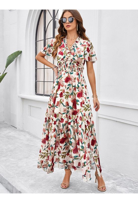 Vestido-midi-com-decote-marcado-e-cintura-lastex-floral-bege