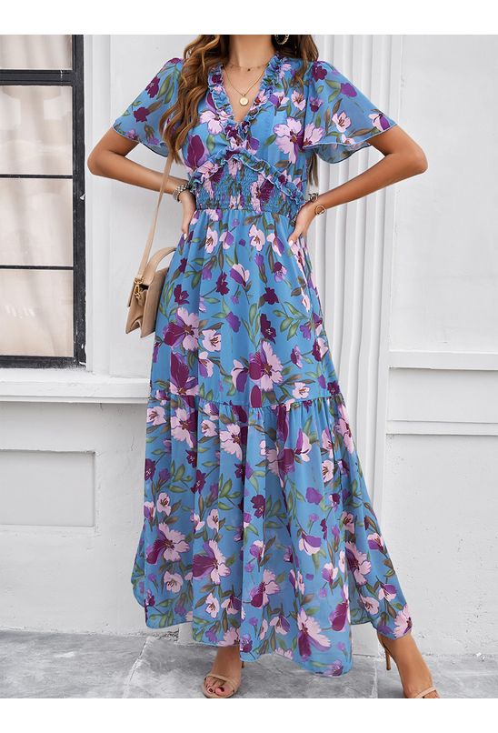 Vestido-midi-com-decote-marcado-e-cintura-lastex-floral-azul