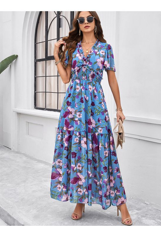 Vestido-midi-com-decote-marcado-e-cintura-lastex-floral-azul