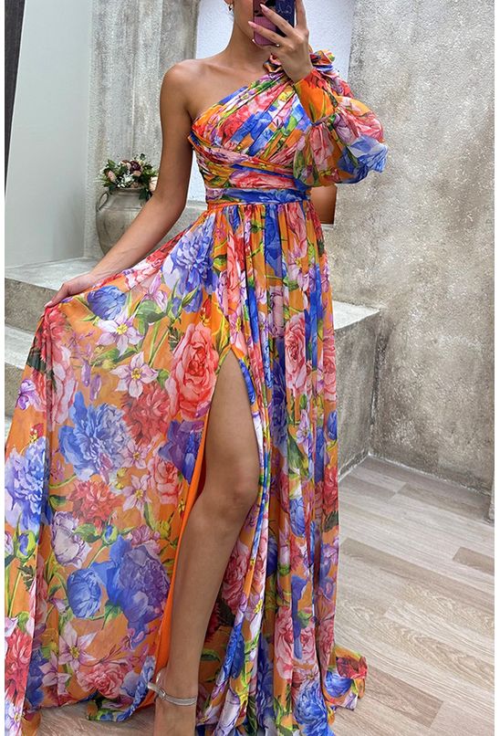 Vestido-maxi-floral-de-um-ombro-so-multicolorido