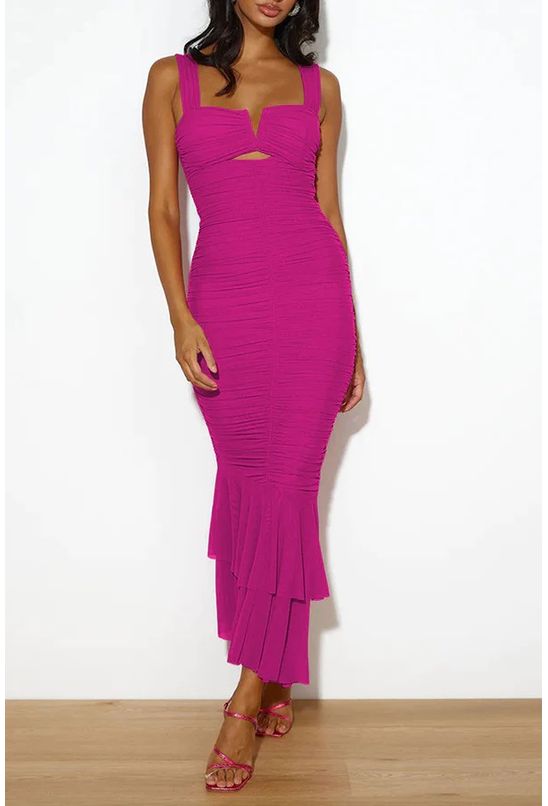 Vestido-longo-justo-franzido-rosa