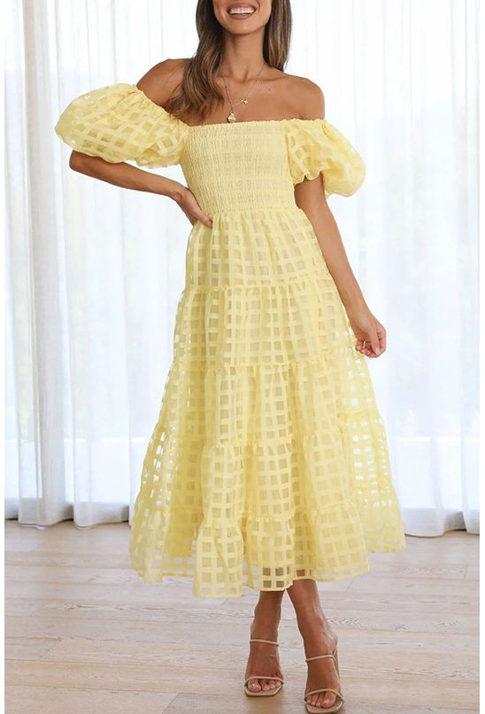 Vestido-midi-de-renda-com-mangas-bufantes-amarelo